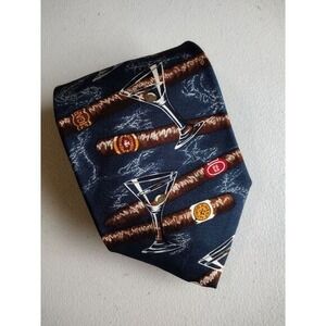 Embassy Row Mens Silk Tie Navy Blue Cigar Martini Print Hand Sewn USA‎